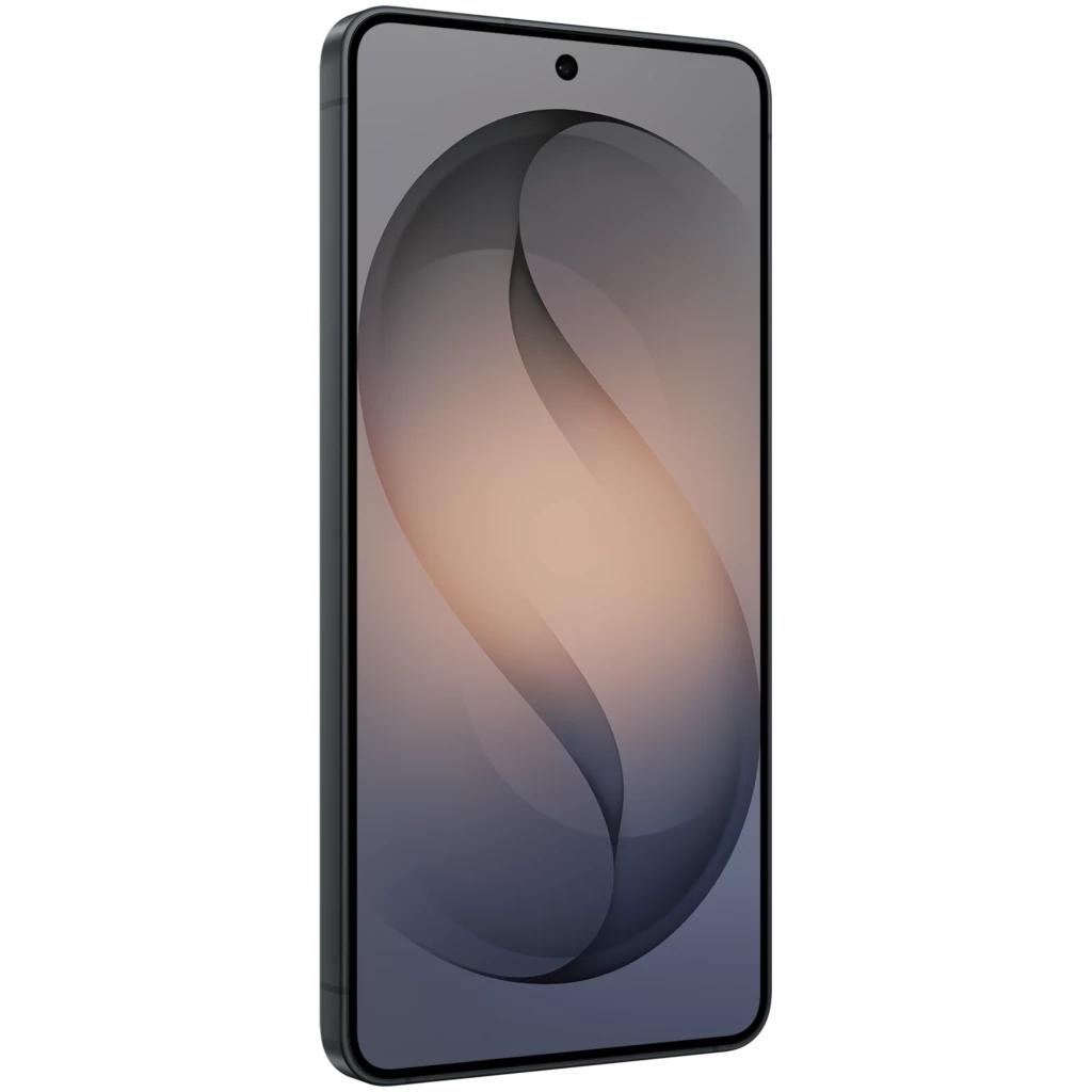 Samsung Galaxy S26 5G negro con pantalla de 6.3 pulgadas, borde delgado, cámara frontal en orificio central y marco metálico estilizado visible en el lateral