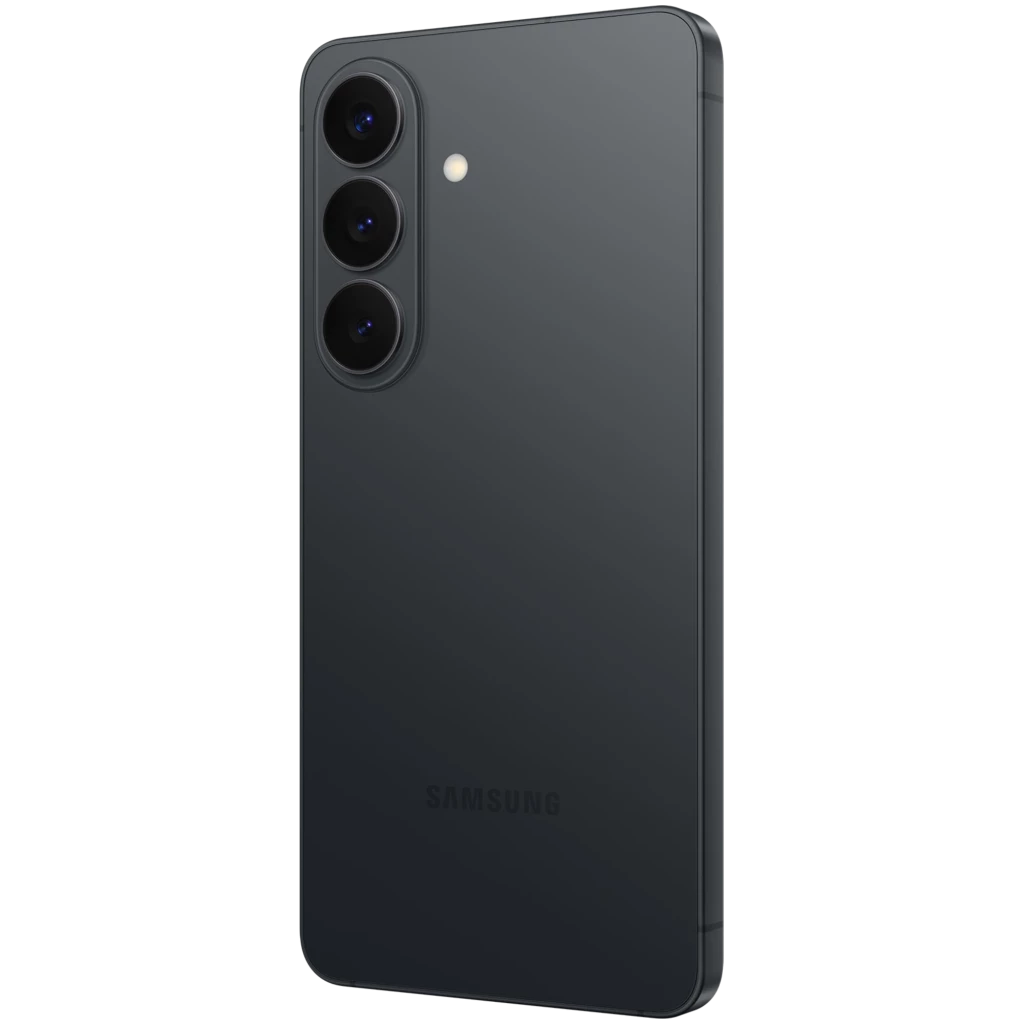 Samsung Galaxy S26 5G negro con triple cámara trasera vertical, flash LED y acabado mate; bordes rectos y diseño delgado, 256GB y 12GB RAM