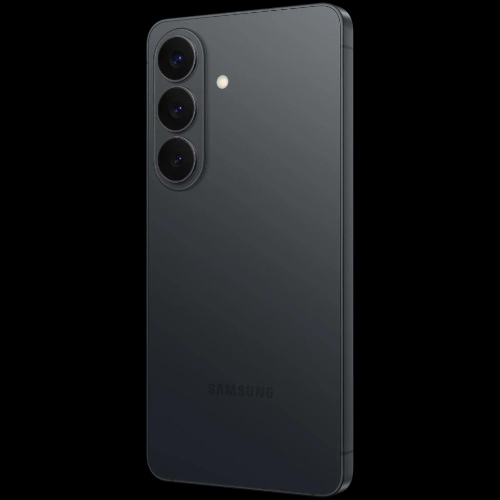 Samsung Galaxy S26 5G negro con triple cámara trasera vertical, flash LED y acabado mate; bordes rectos y diseño delgado, 256GB y 12GB RAM