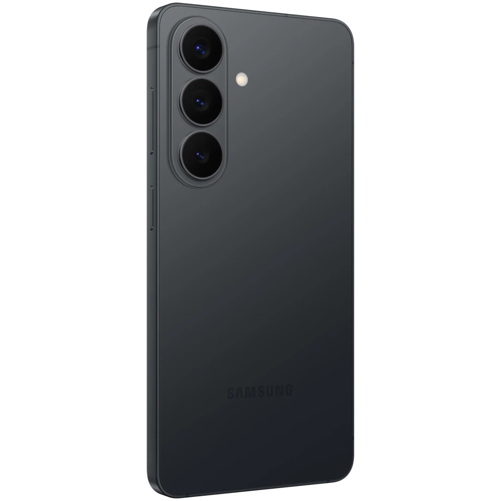 Trasera negra mate con triple cámara vertical y flash, bordes rectos y acabado minimalista del Samsung Galaxy S26 5G de 6.3 pulgadas y 256 GB