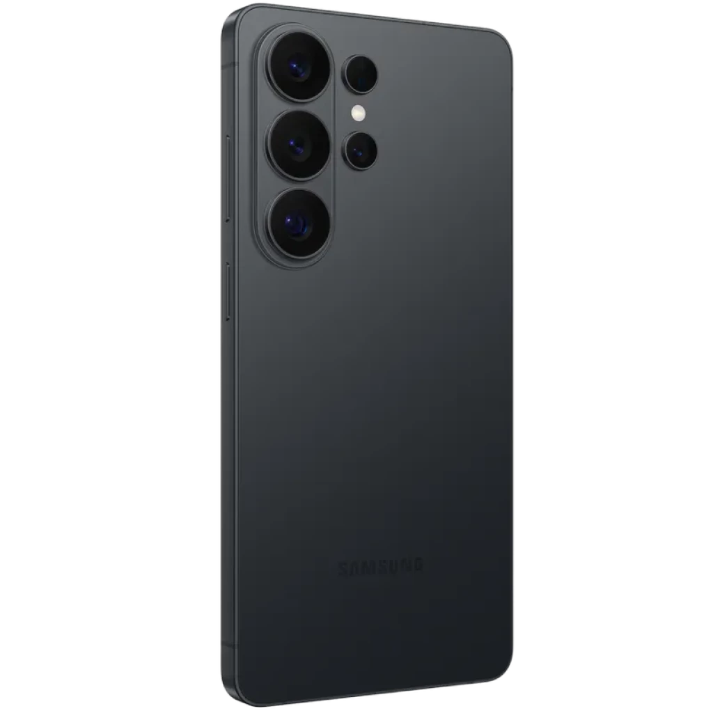 Samsung Galaxy S26 Ultra 5G negro con módulo de cuatro cámaras traseras grandes y flash, acabado mate, bordes rectos y diseño premium minimalista