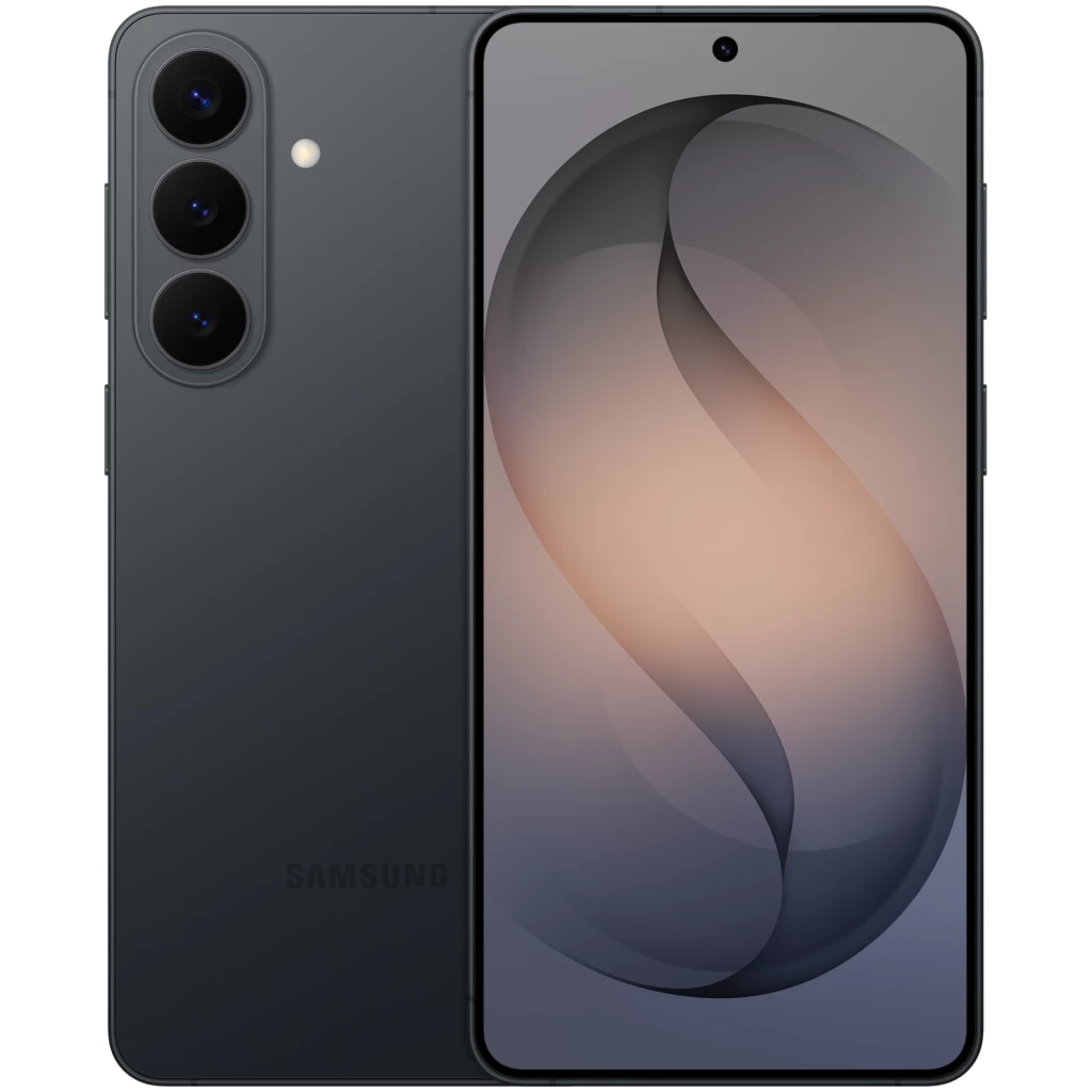 Samsung Galaxy S26+ 5G preto com tela ampla quase sem bordas, furo central para câmera frontal e módulo traseiro com 3 lentes alinhadas verticalmente