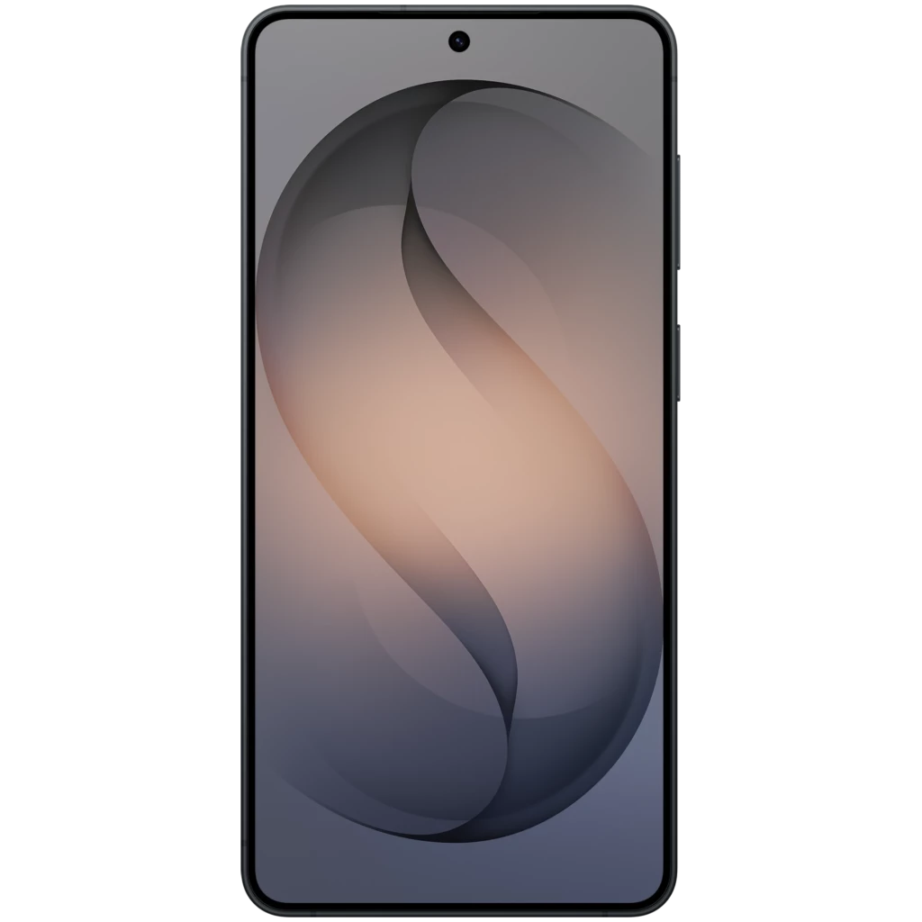 Pantalla del Samsung Galaxy S26+ 5G negra, borde delgado, cámara frontal en orificio central, panel AMOLED con fondo degradado en tonos gris y beige