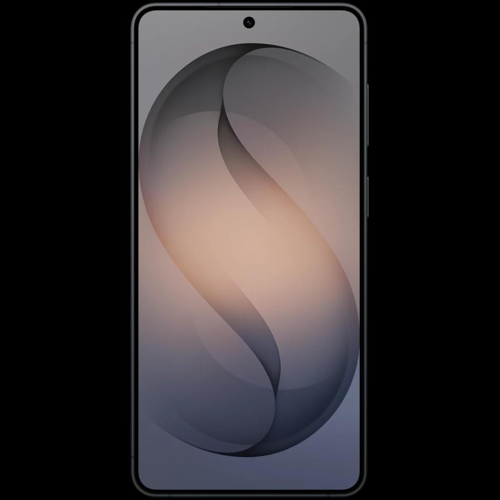 Pantalla del Samsung Galaxy S26+ 5G negra, borde delgado, cámara frontal en orificio central, panel AMOLED con fondo degradado en tonos gris y beige