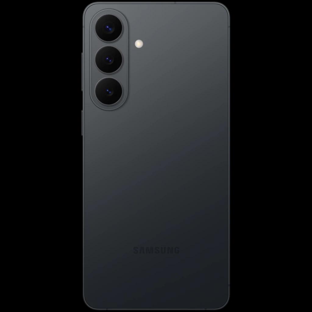 Parte trasera del Samsung Galaxy S26+ 5G negro con triple cámara vertical y acabado mate elegante; módulo alineado a la izquierda y logo Samsung sutil