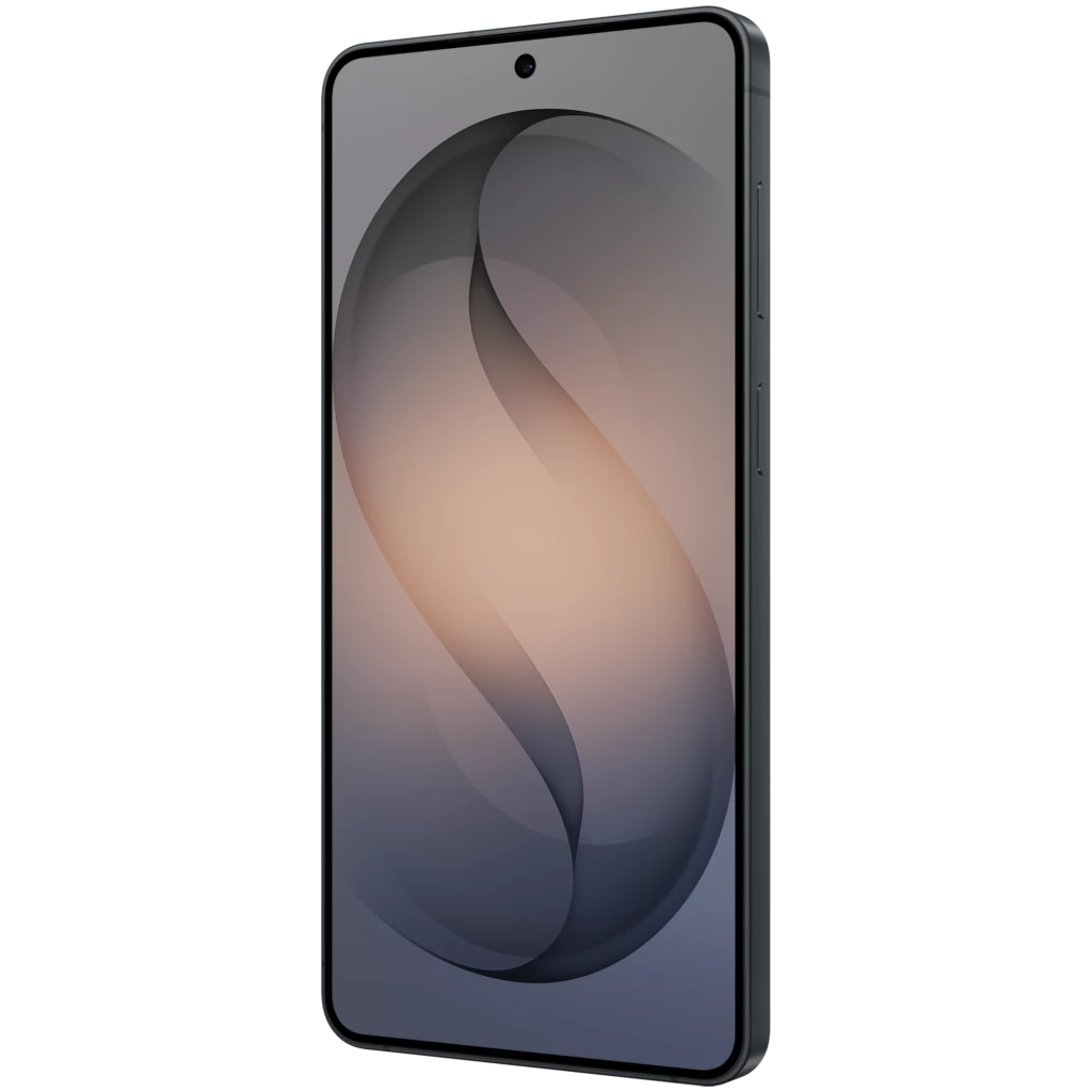 Samsung Galaxy S26+ 5G negro con pantalla amplia de bordes finos, cámara frontal en orificio central, marco delgado y botones laterales discretos