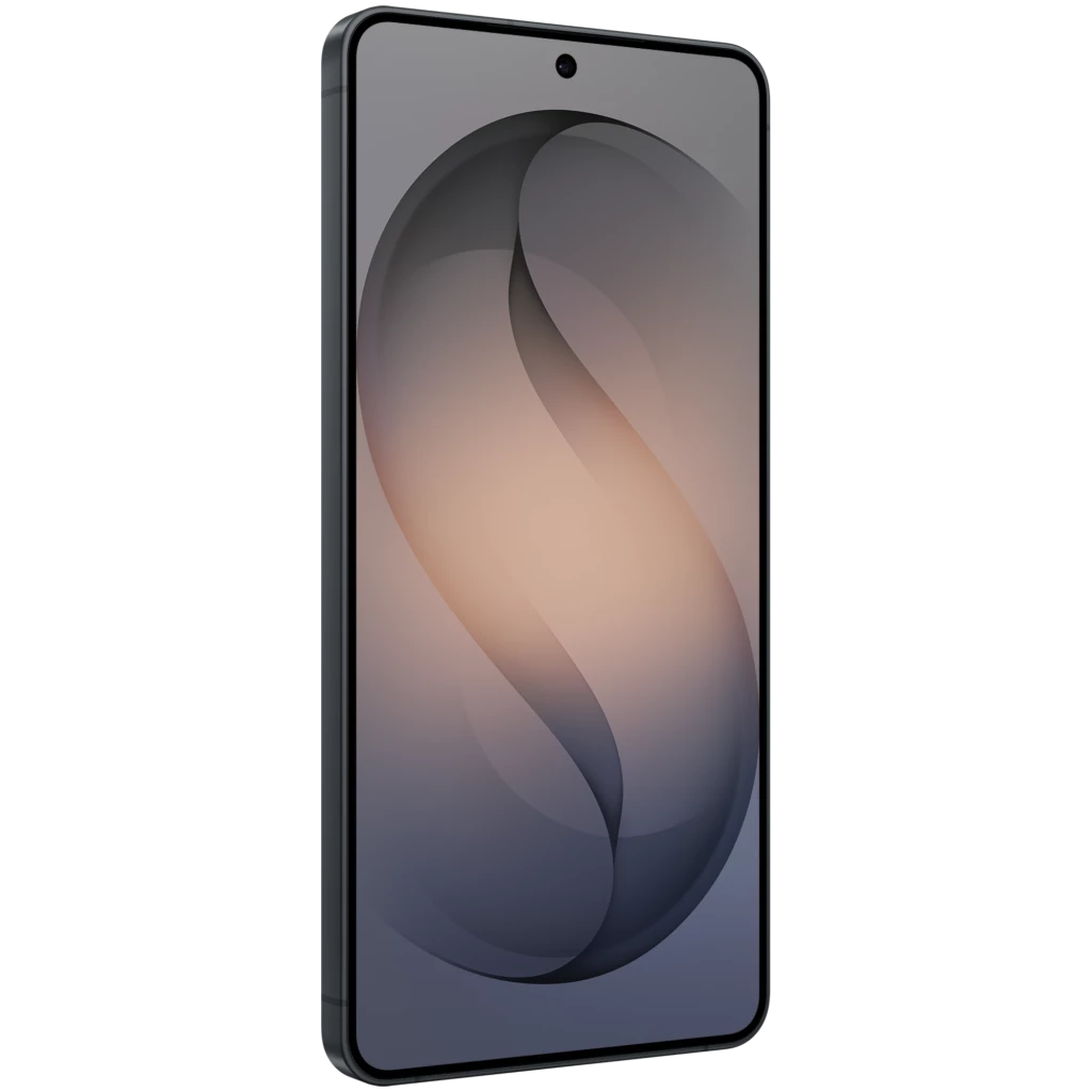 Samsung Galaxy S26+ 5G negro con pantalla casi sin bordes y orificio central, marco metálico delgado y acabado mate elegante; diseño premium y moderno