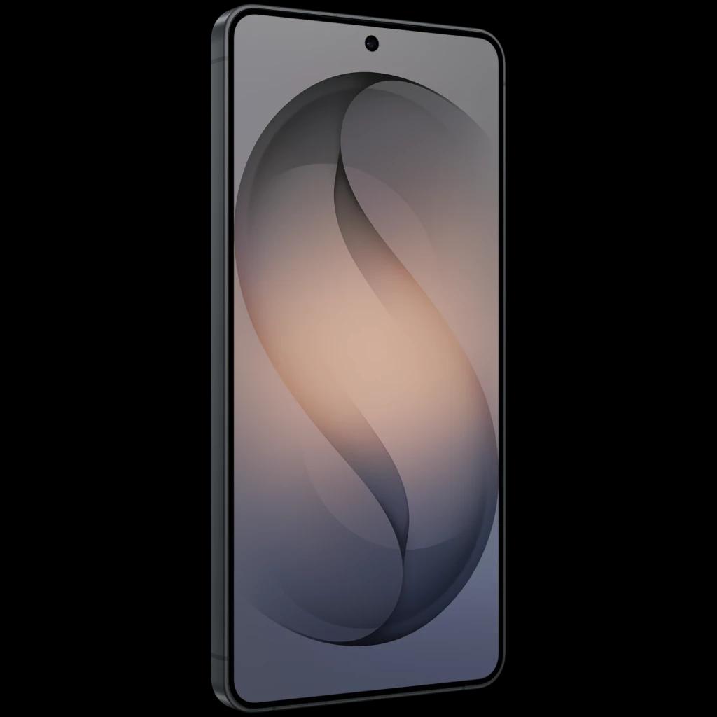 Samsung Galaxy S26+ 5G negro con pantalla casi sin bordes y orificio central, marco metálico delgado y acabado mate elegante; diseño premium y moderno