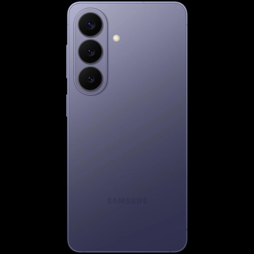 Samsung Galaxy S26 5G Violeta Cobalto con tres cámaras traseras alineadas verticalmente, flash LED y acabado mate elegante; bordes curvos y diseño minimalista