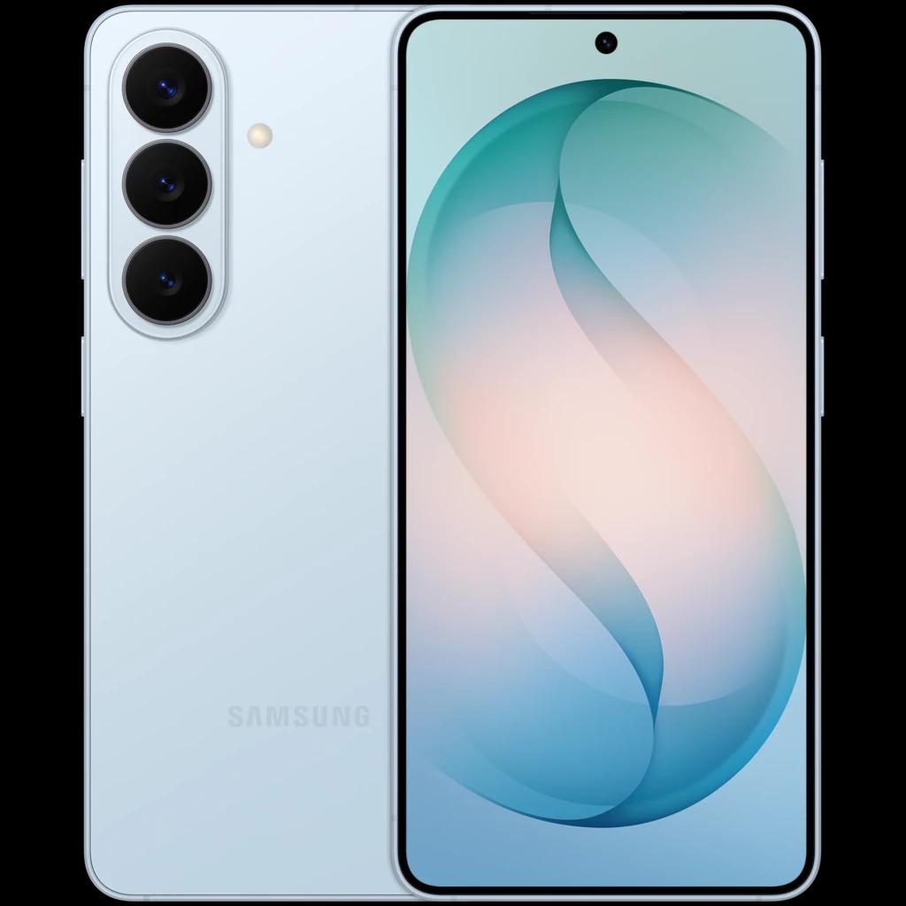 Samsung Galaxy S26 5G azul celeste com tela inteira perfurada, moldura fina, três câmeras traseiras alinhadas e acabamento fosco elegante