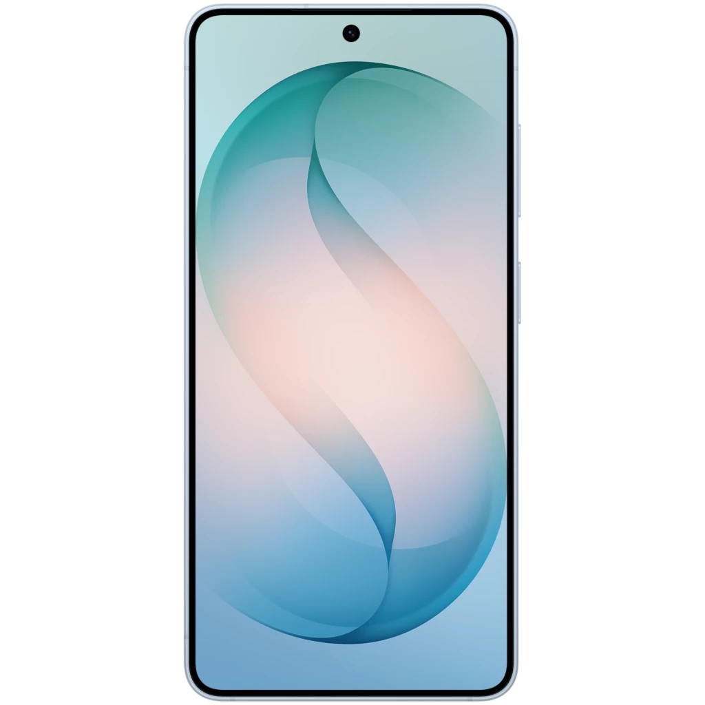 Samsung Galaxy S26 5G azul celeste com tela sem bordas e furo central para câmera frontal, design fino e elegante, brilho suave em tons azuis e rosados