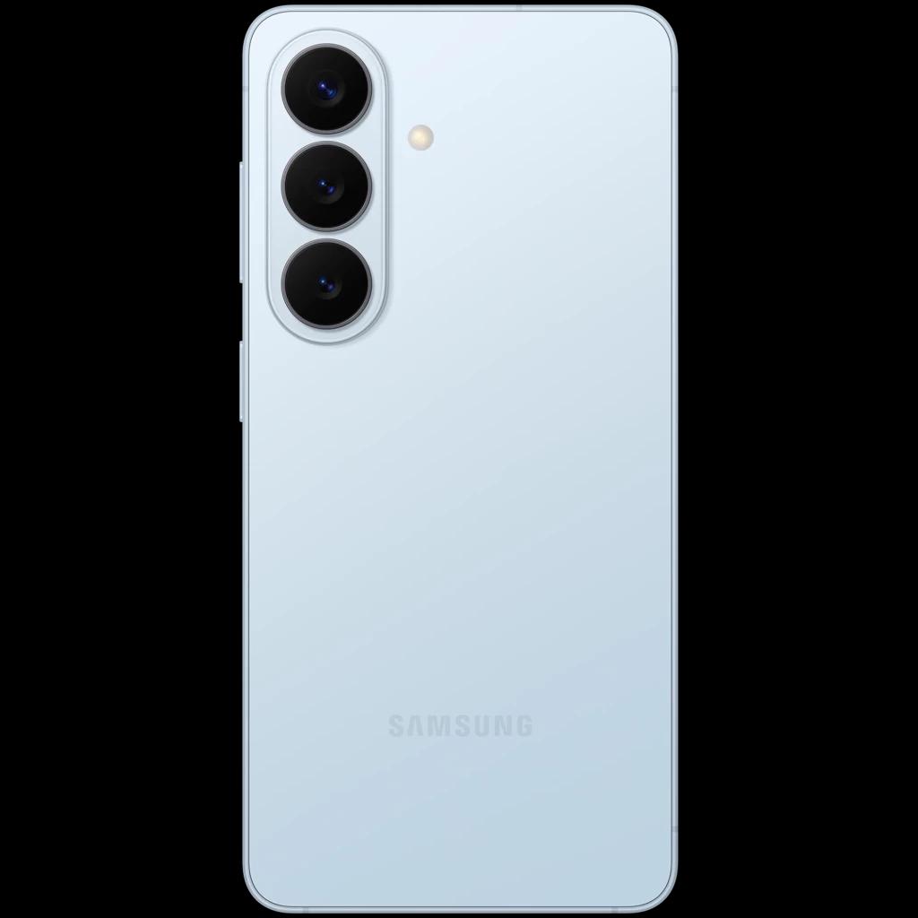 Samsung Galaxy S26 5G azul celeste com três câmeras traseiras alinhadas verticalmente e acabamento fosco elegante; módulo fino com bordas arredondadas