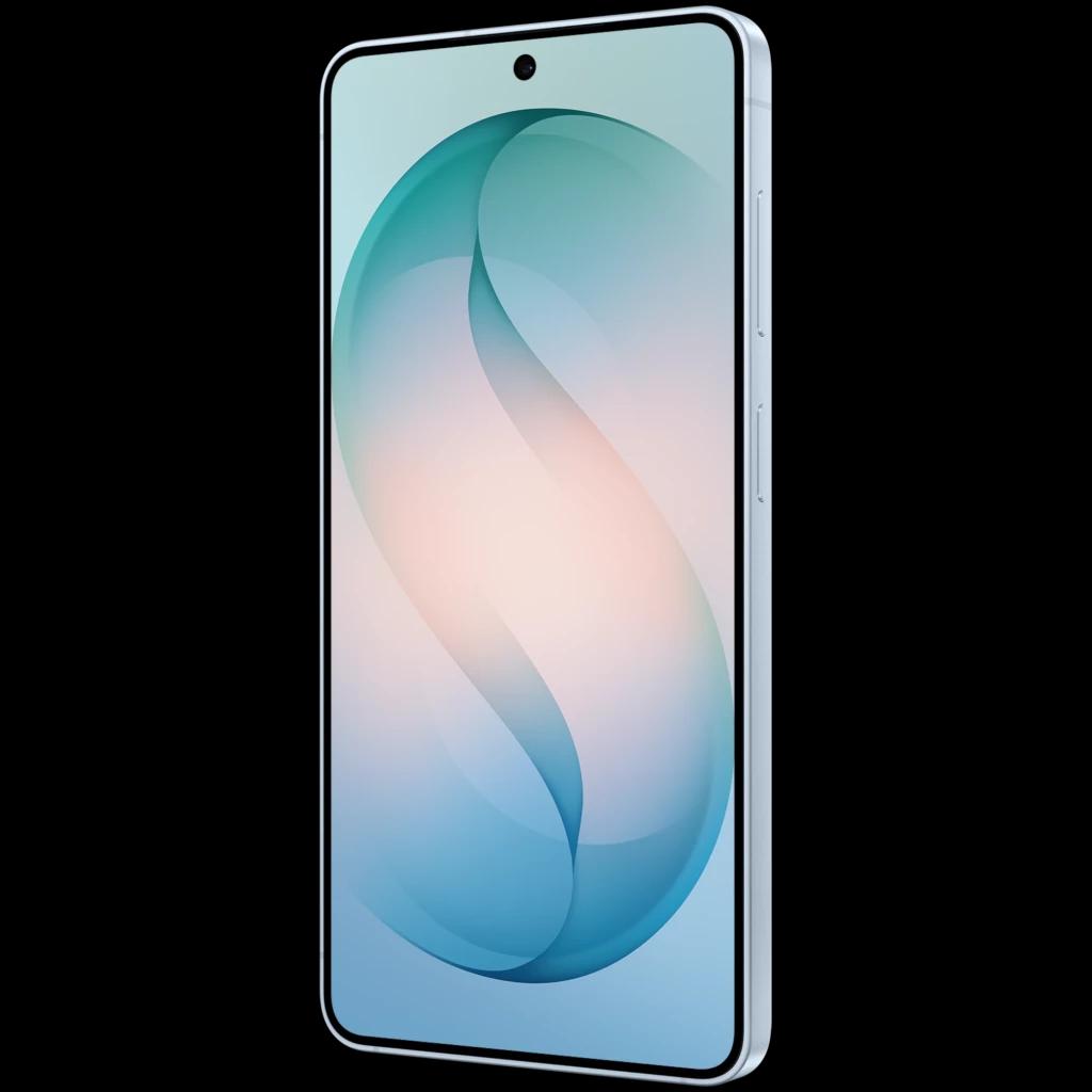 Samsung Galaxy S26 5G azul celeste com tela ampla perfurada centralmente, bordas retas prateadas, botões laterais e design fino e elegante