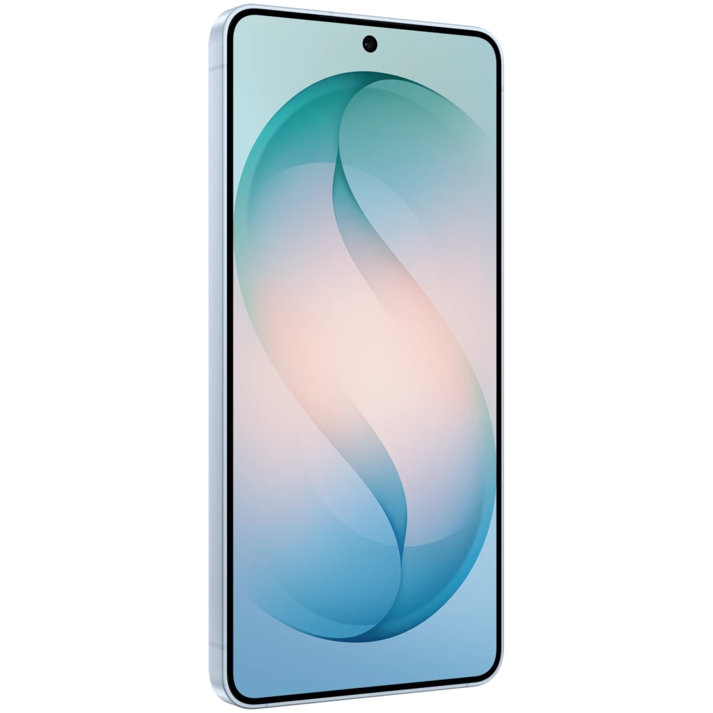 Samsung Galaxy S26 5G azul celeste com tela quase sem bordas, furo central para câmera frontal e laterais metálicas; design fino e moderno