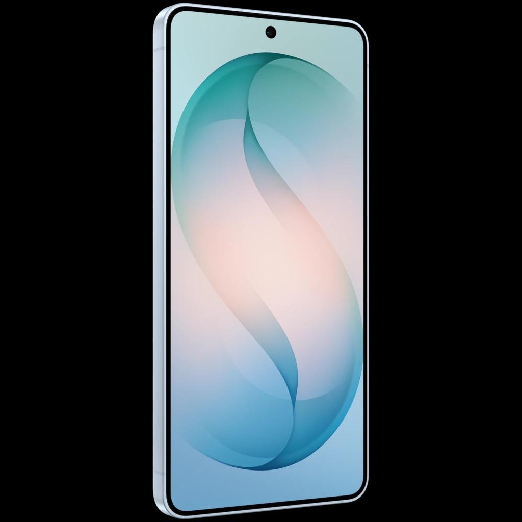 Samsung Galaxy S26 5G azul celeste com tela quase sem bordas, furo central para câmera frontal e laterais metálicas; design fino e moderno