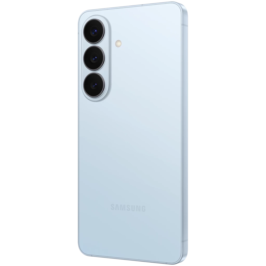 Samsung Galaxy S26 5G azul celeste com três câmaras traseiras alinhadas verticalmente e acabamento brilhante; design fino e bordas retas sofisticadas