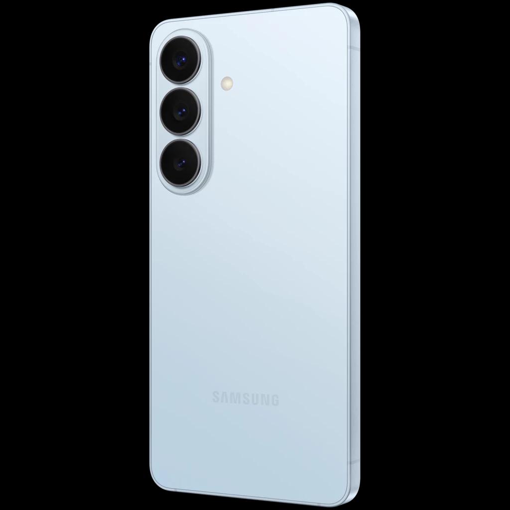 Samsung Galaxy S26 5G azul celeste com três câmaras traseiras alinhadas verticalmente e acabamento brilhante; design fino e bordas retas sofisticadas