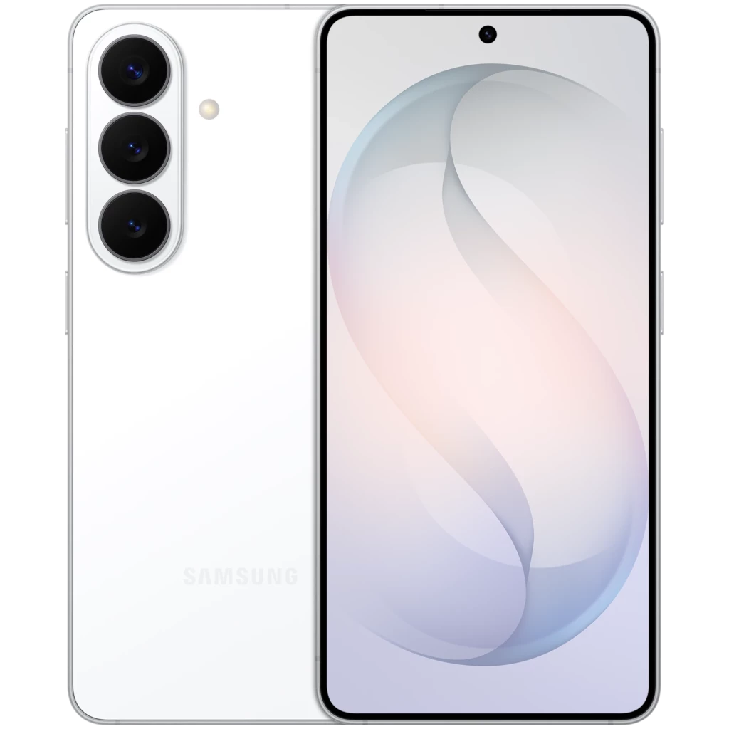 Samsung Galaxy S26 5G blanco, triple cámara vertical, pantalla Dynamic AMOLED con biseles finos, 512GB, 12GB RAM, compatible con carga inalámbrica Qi2