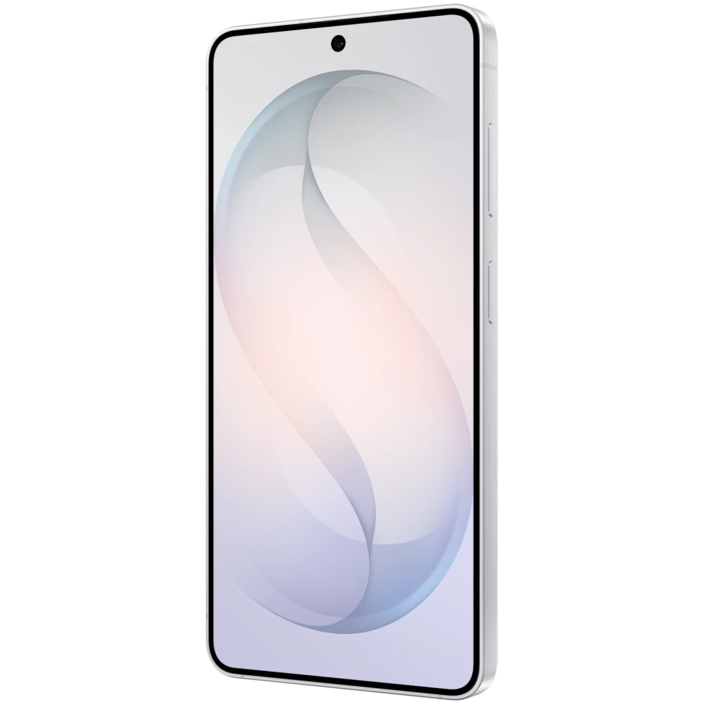 Samsung Galaxy S26 5G blanco con pantalla Dynamic AMOLED casi sin bordes, cámara frontal en orificio centrado y marco lateral metálico elegante