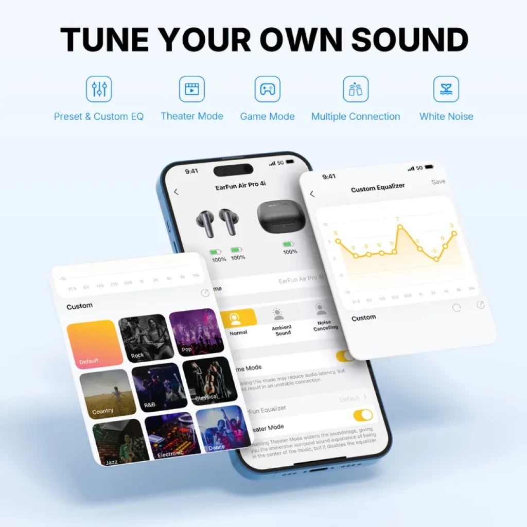 EarFun Air Pro 4i Branco com estojo de carregamento, earbuds intra-auriculares, controle por app, equalizador customizável e modos som Hi‑Res ANC 50 dB