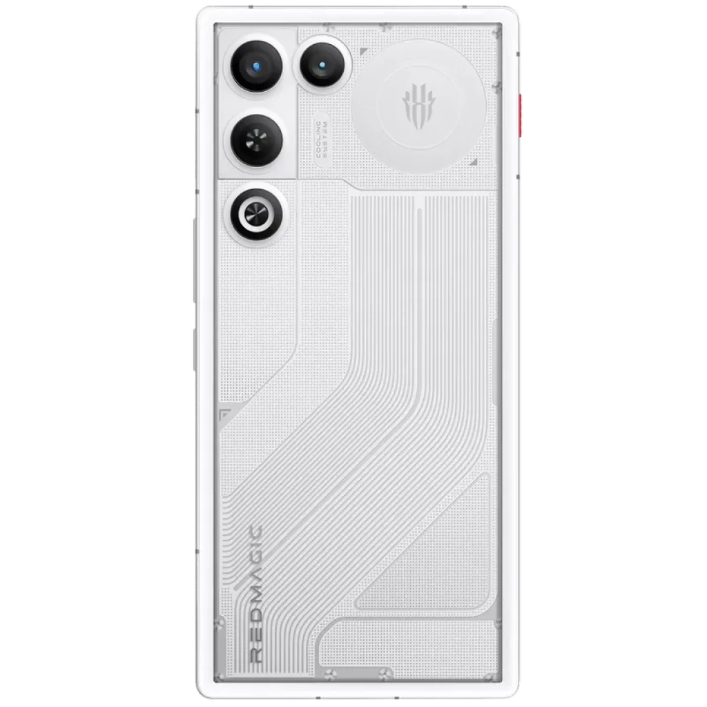 Traseira do Nubia Redmagic 11 Air 5G em prism branco com tampa translúcida, três câmeras grandes alinhadas, flash circular e logotipo Redmagic centralizado