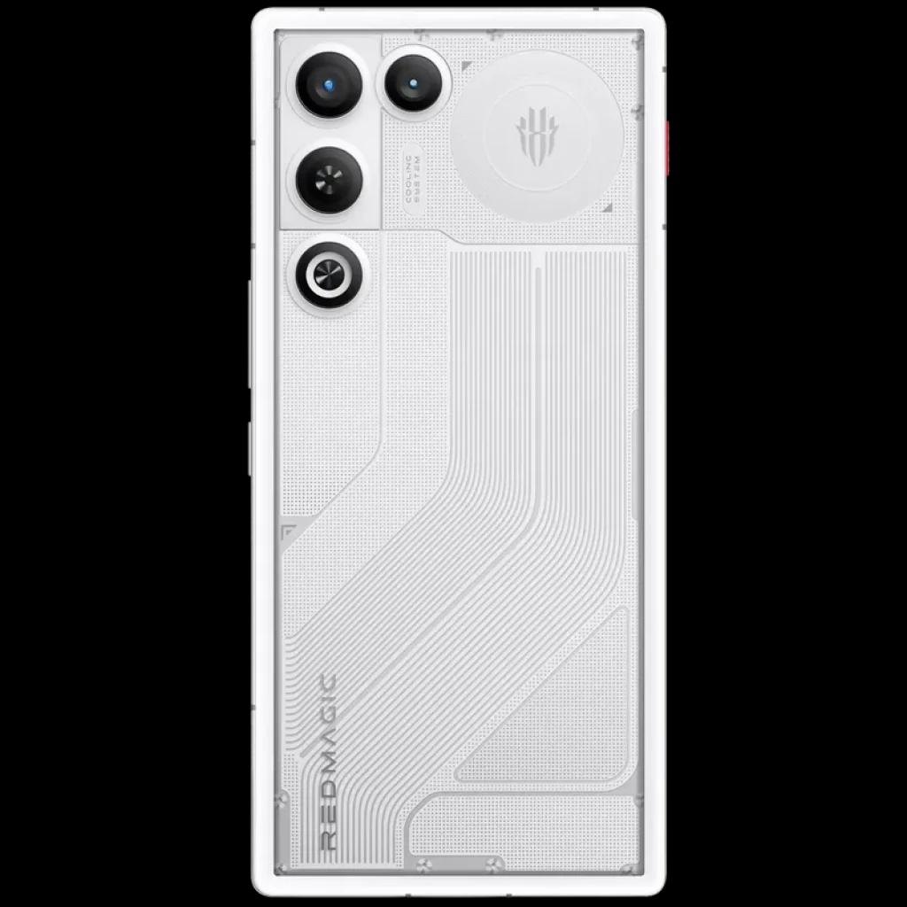 Traseira do Nubia Redmagic 11 Air 5G em prism branco com tampa translúcida, três câmeras grandes alinhadas, flash circular e logotipo Redmagic centralizado