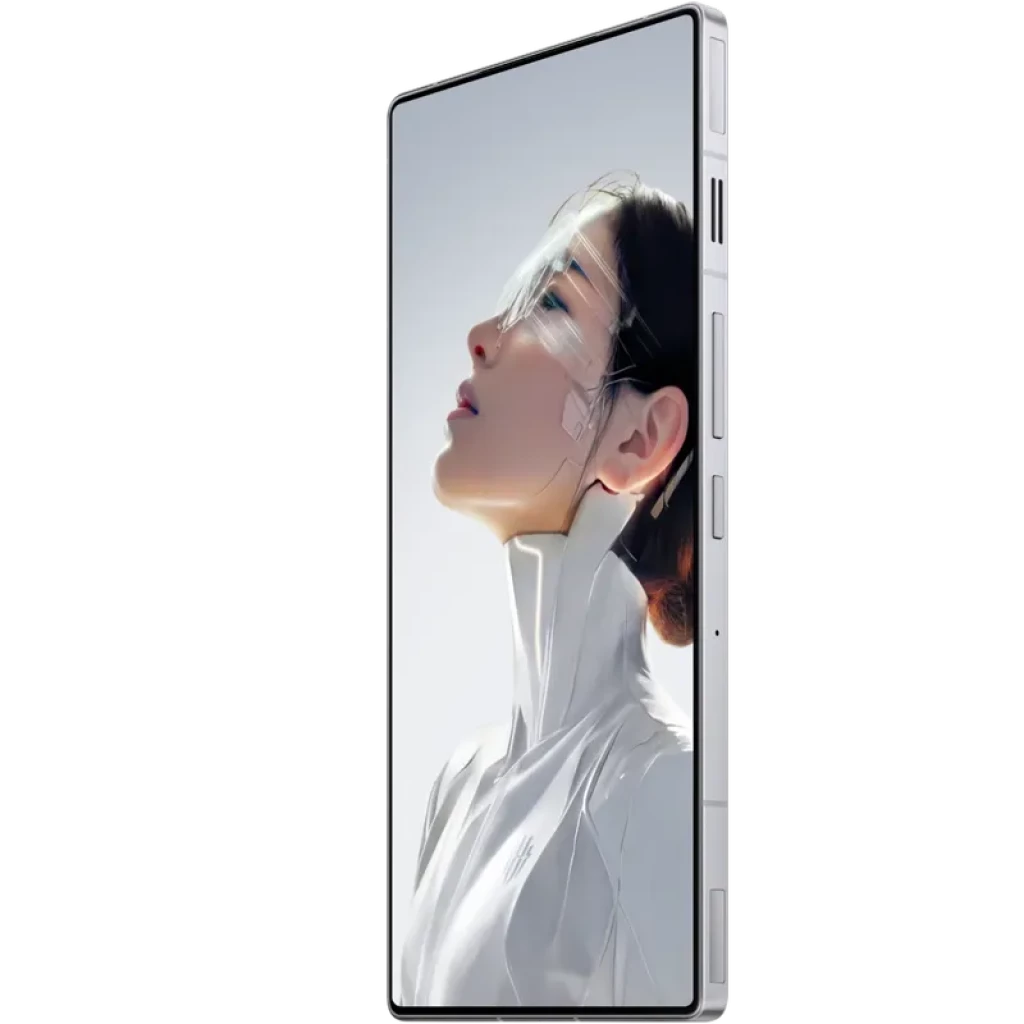 Smartphone gaming Nubia Redmagic 11 Air 5G prata com ecrã AMOLED 6,85 pol, moldura metálica angular e painel quase sem bordas mostrando retrato futurista