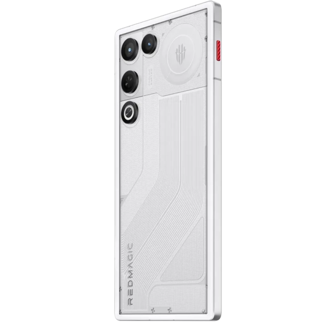 Nubia Redmagic 11 Air 5G 512 GB Prism, traseira transparente branca, módulo triplo de câmeras, ventilador circular integrado, detalhes gamer, botão vermelho