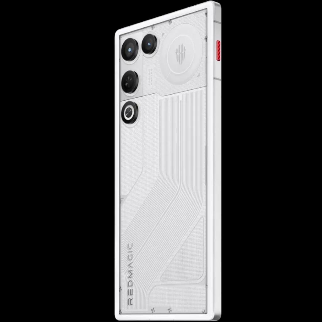 Nubia Redmagic 11 Air 5G 512 GB Prism, traseira transparente branca, módulo triplo de câmeras, ventilador circular integrado, detalhes gamer, botão vermelho