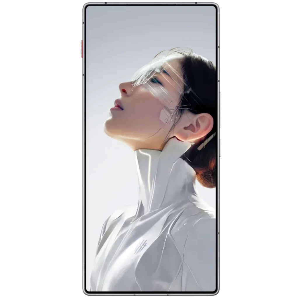 Tela cheia com bordas finas exibindo arte futurista de mulher com visor transparente e traje branco; acabamento premium e design gamer elegante