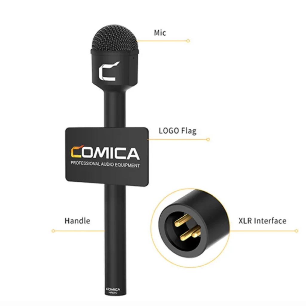 Microfone dinâmico omnidirecional Comica HRM-C com cápsula esférica, haste longa, LOGO flag destacável e conector XLR de 3 pinos para entrevistas