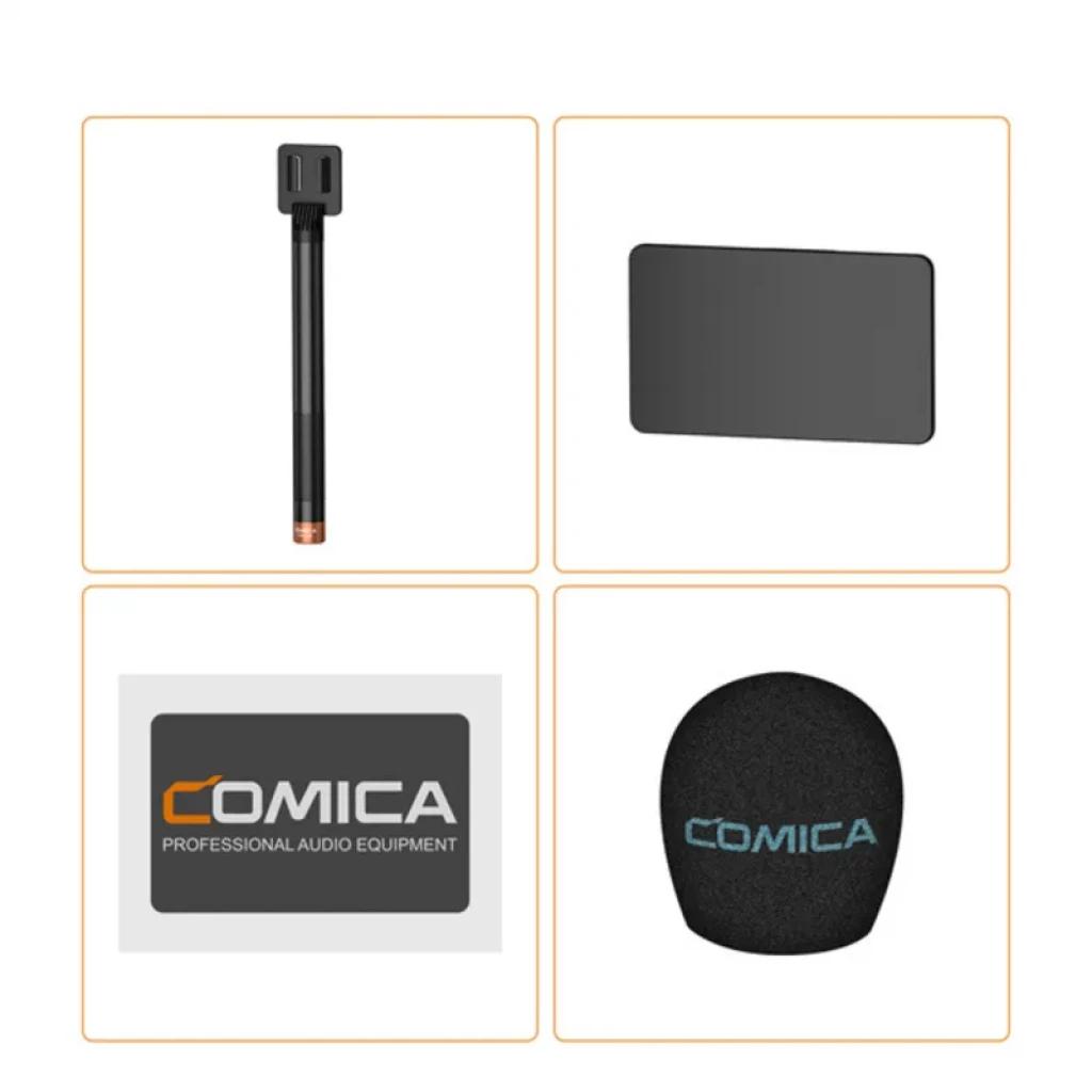 Comica HR-WM Transmisor UHF de mano con cápsula supercardioide, cuerpo negro estilizado, rejilla cobriza, pantalla, etiqueta de marca y parabrisas con logo