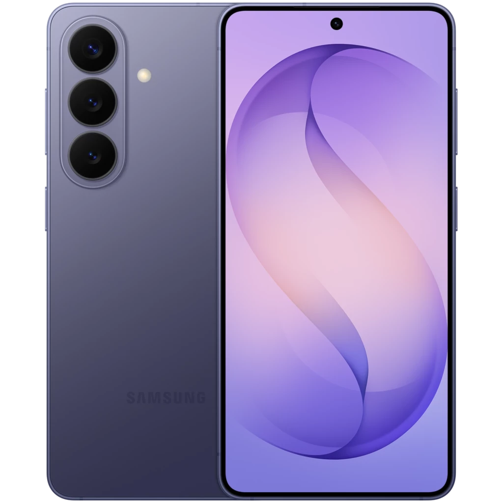 Samsung Galaxy S26+ 5G violeta cobalto con triple cámara trasera vertical, pantalla AMOLED casi sin bordes y botón lateral; diseño elegante y delgado