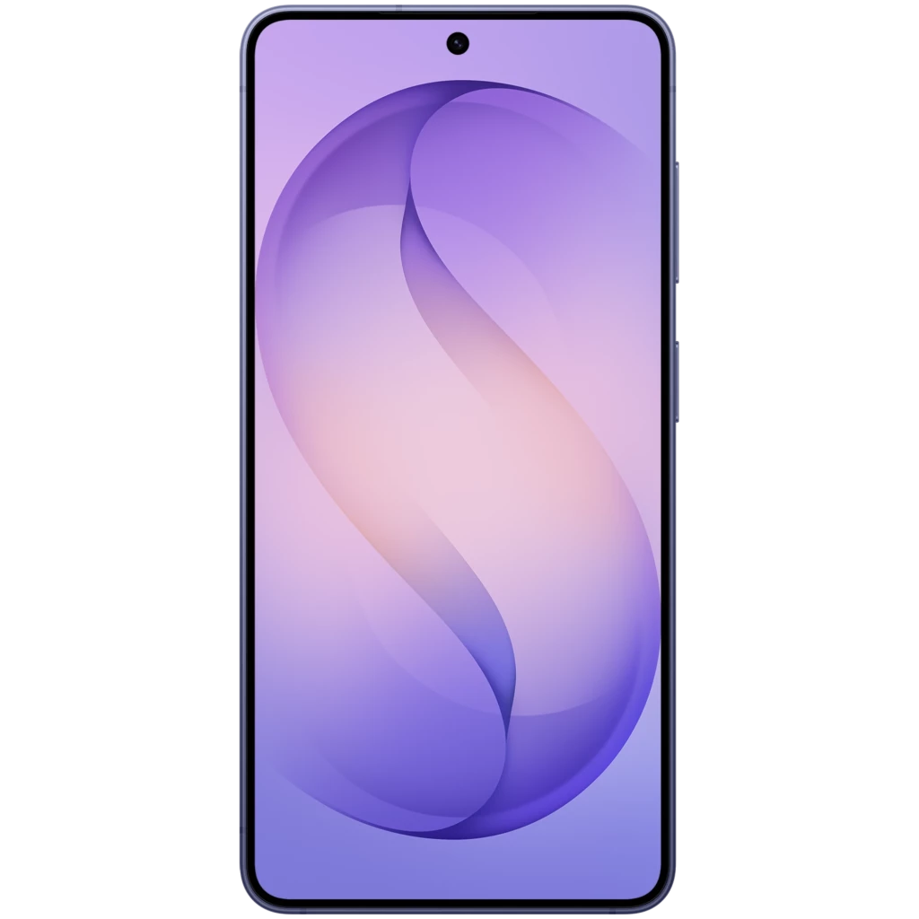 Samsung Galaxy S26+ 5G violeta cobalto con pantalla borde a borde, cámara frontal centrada en orificio y marcos delgados; diseño elegante y moderno