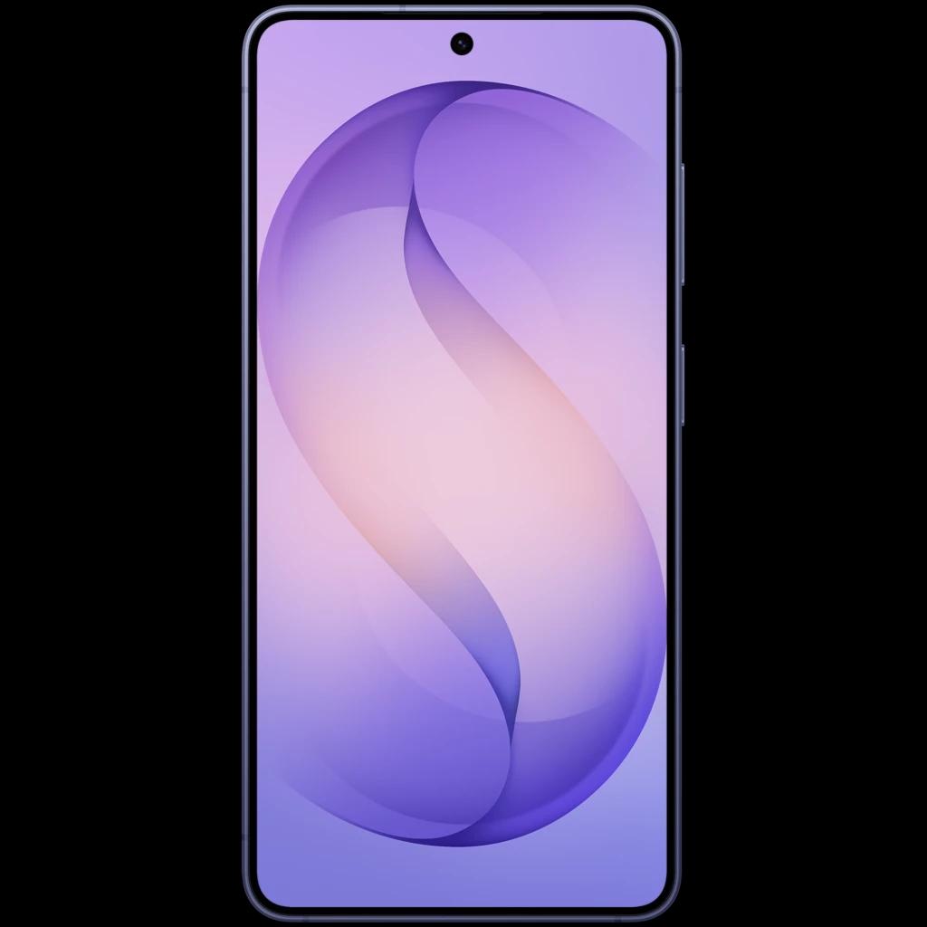 Samsung Galaxy S26+ 5G violeta cobalto con pantalla borde a borde, cámara frontal centrada en orificio y marcos delgados; diseño elegante y moderno