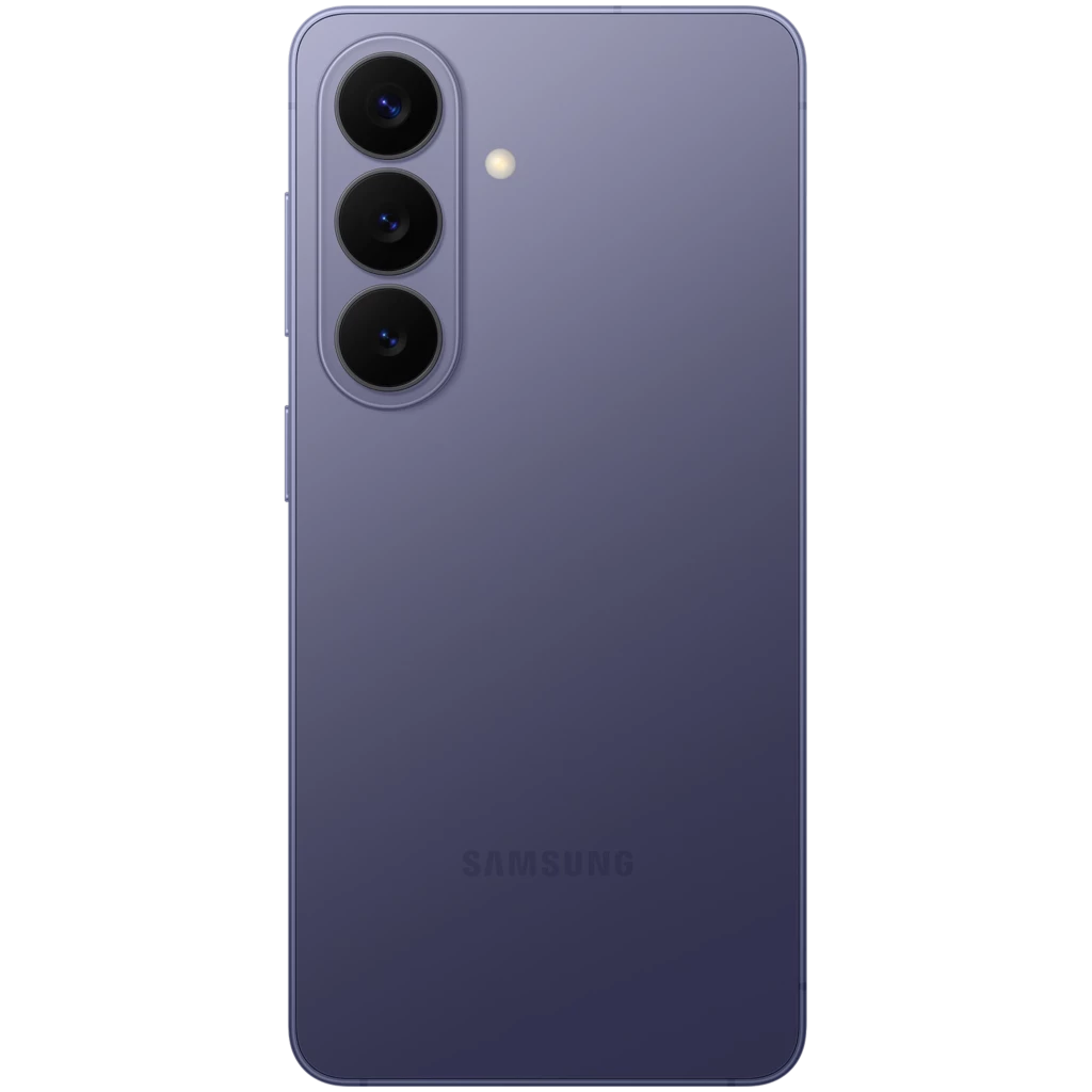 Parte trasera del Samsung Galaxy S26+ 5G en Violeta Cobalto con triple cámara vertical y flash, acabado mate y bordes curvos elegantes
