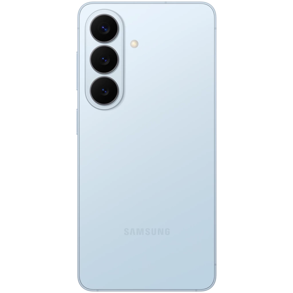 Samsung Galaxy S26+ 5G azul com traseira fosca e três câmeras verticais salientes em módulo discreto; acabamento premium e linhas suaves