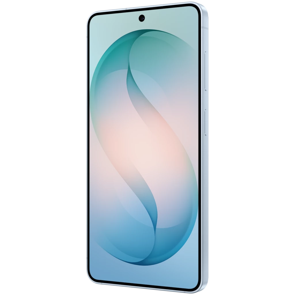 Smartphone azul com ecrã de 6,3 polegadas quase sem bordas, câmara frontal em furo central, laterais planas em metal e botões de volume e energia à direita