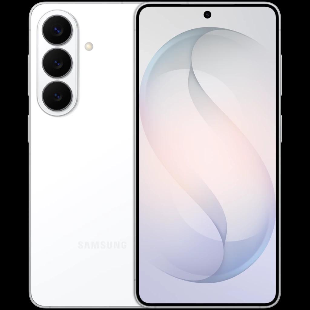 Samsung Galaxy S26+ 5G blanco con triple cámara vertical, pantalla LTPO casi sin bordes con orificio centrado, acabado brillante y marco metálico elegante