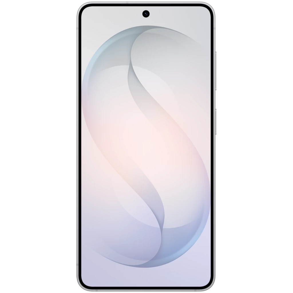 Frontal del Samsung Galaxy S26+ 5G blanco con pantalla LTPO casi sin bordes, cámara frontal en orificio centrado y diseño minimalista elegante