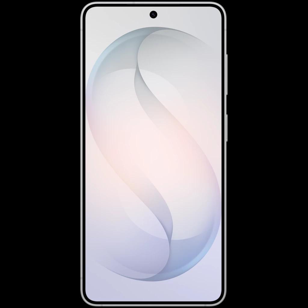 Frontal del Samsung Galaxy S26+ 5G blanco con pantalla LTPO casi sin bordes, cámara frontal en orificio centrado y diseño minimalista elegante