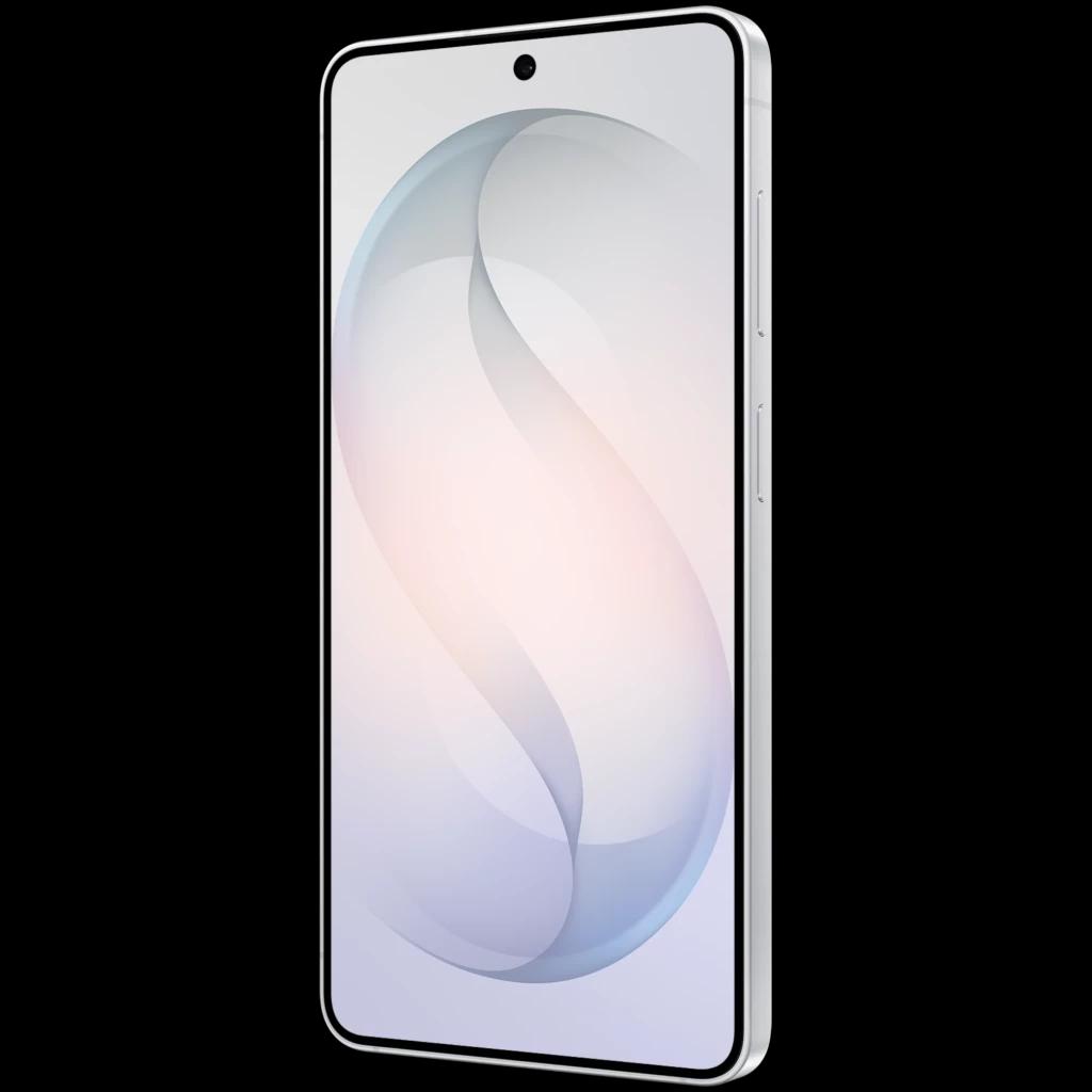 Smartphone blanco con pantalla LTPO casi sin bordes, cámara frontal en orificio central, marco metálico y botones laterales; diseño delgado y premium