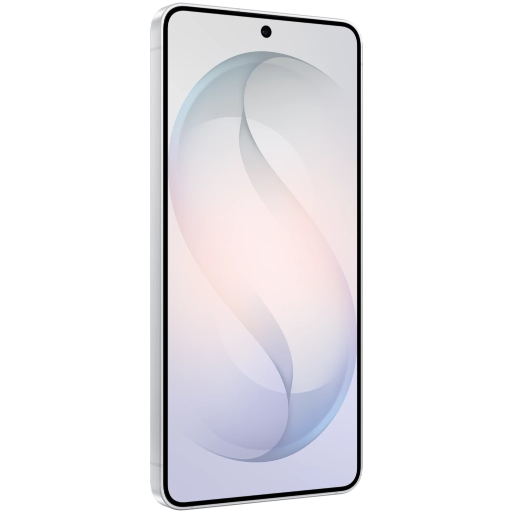 Samsung Galaxy S26+ 5G blanco con pantalla LTPO casi sin bordes, agujero central para la cámara frontal y marco metálico lateral visible en color plata