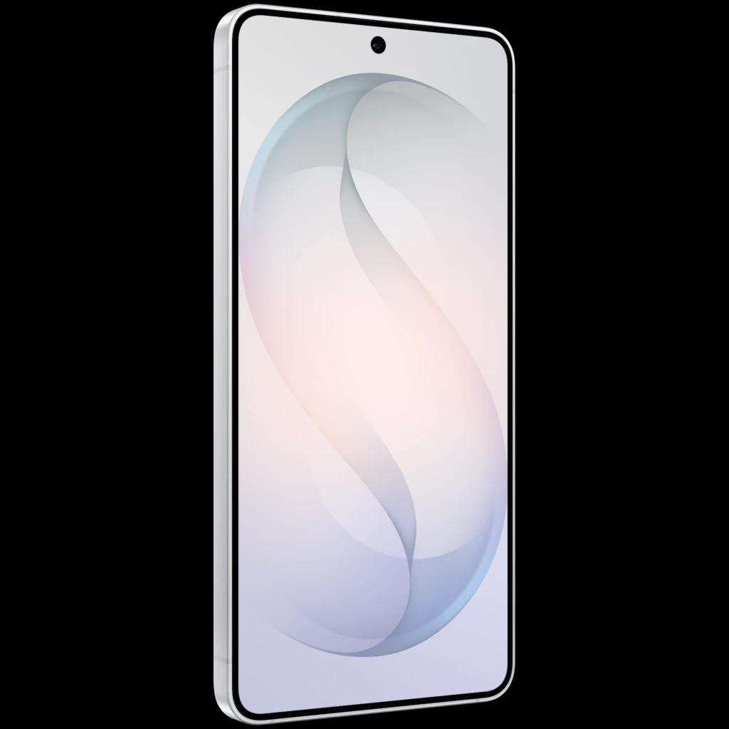 Samsung Galaxy S26+ 5G blanco con pantalla LTPO casi sin bordes, agujero central para la cámara frontal y marco metálico lateral visible en color plata