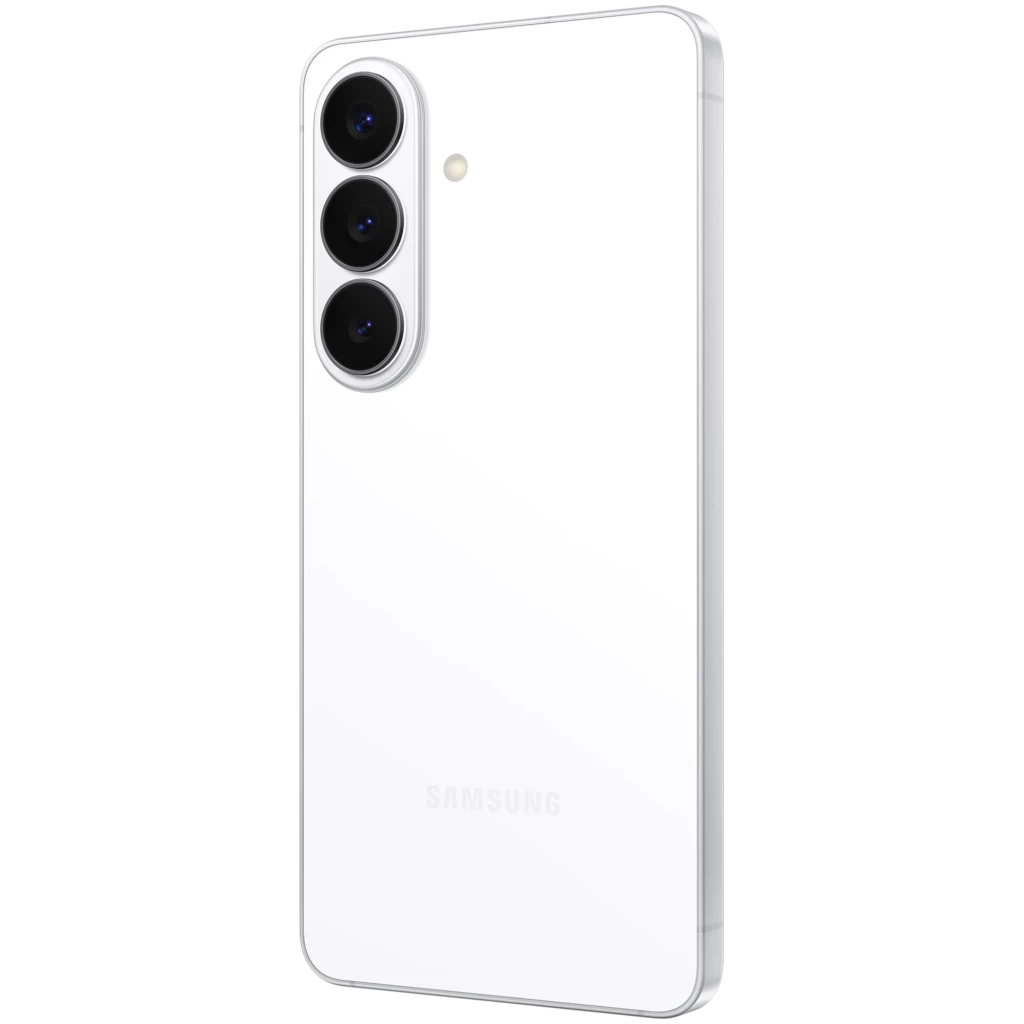 Samsung Galaxy S26+ 5G blanco con triple cámara trasera alineada verticalmente y acabado brillante; marco fino y botones laterales discretos
