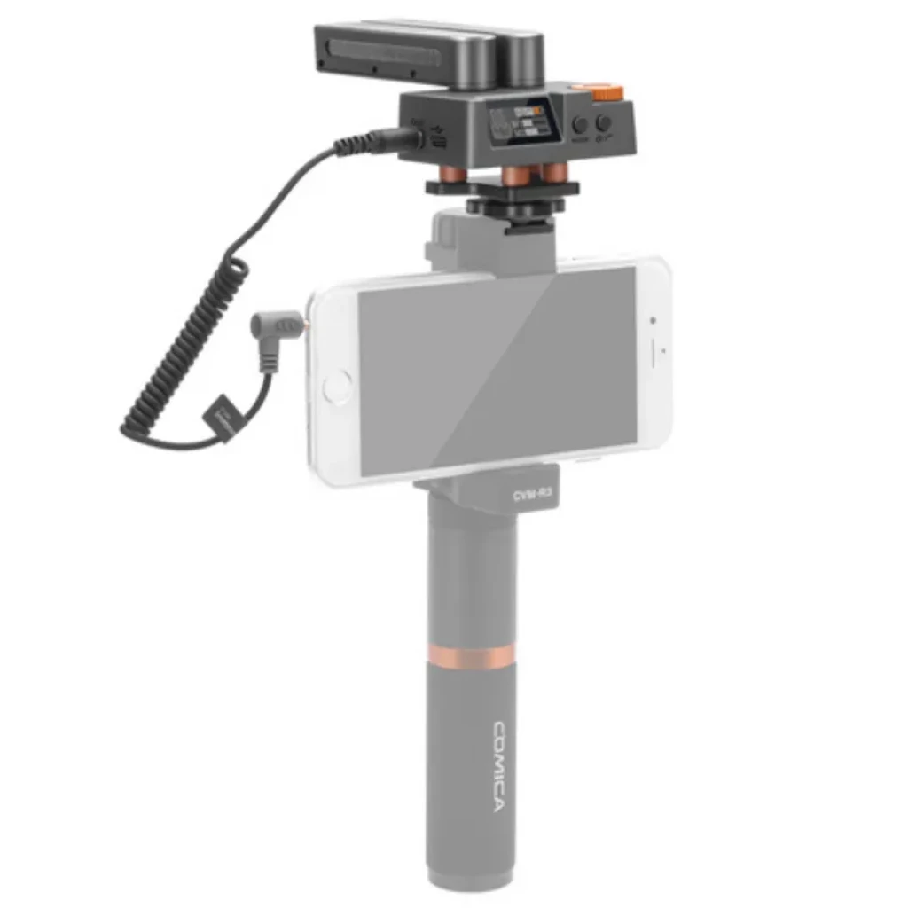 Comica Traxshot Transformável com Ecrã OLED, microfone shotgun multimodo montado no smartphone, módulo ajustável, visor OLED, cabo espiral e suporte