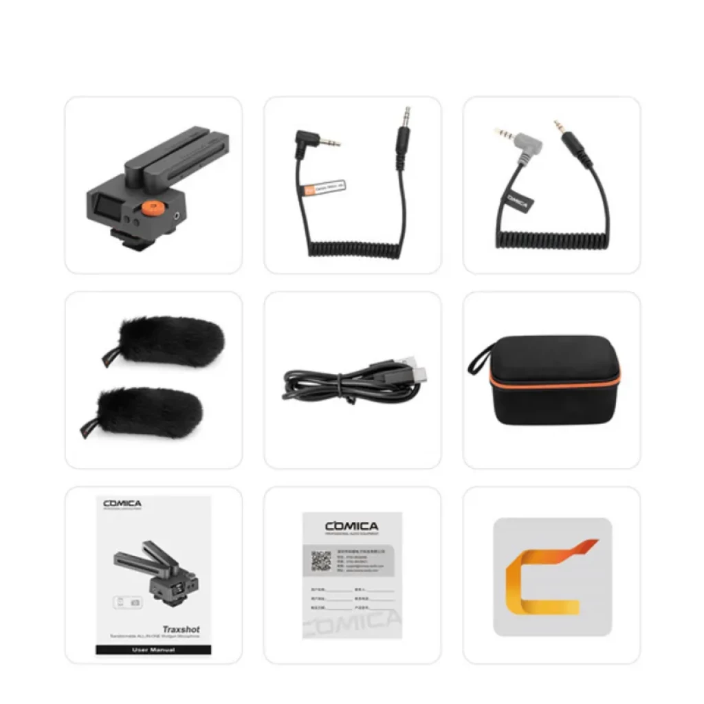Kit do microfone Comica Traxshot: módulo transformável com ecrã OLED, cabos TRS/TRRS, pára-ventos, cabo USB, suporte, bolsa rígida e manuais