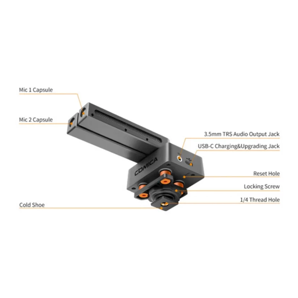 Comica Traxshot Transformável com Ecrã OLED: microfone shotgun multimodo com cápsulas duplas ajustáveis, sapata fria, saída 3.5mm, USB-C e rosca 1/4