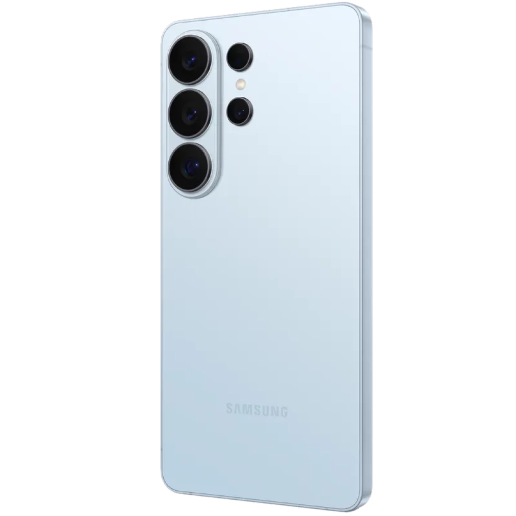 Samsung Galaxy S26 Ultra 5G Sky Blue 512 Go, dos plat Sky Blue, module photo quadruple proéminent, bords plats, finition mate élégante, logo Samsung discret