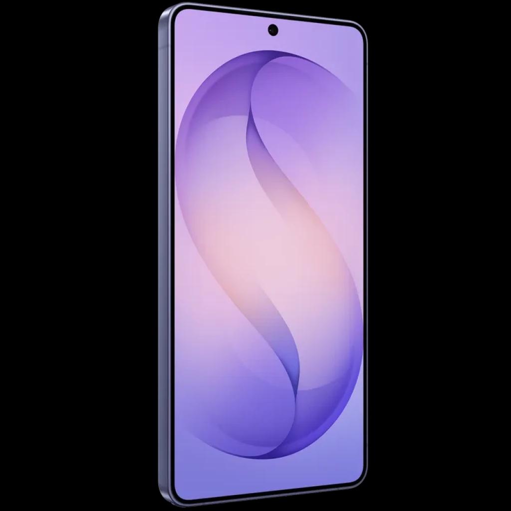 Samsung Galaxy S26 Ultra 5G violet cobalt, écran bord à bord avec poinçon central, bords fins, reflets violets élégants, design premium profil fin